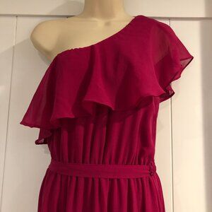 Forever 21 Pink/Fuchsia Ruffled One Shoulder Maxi Dress, Size M